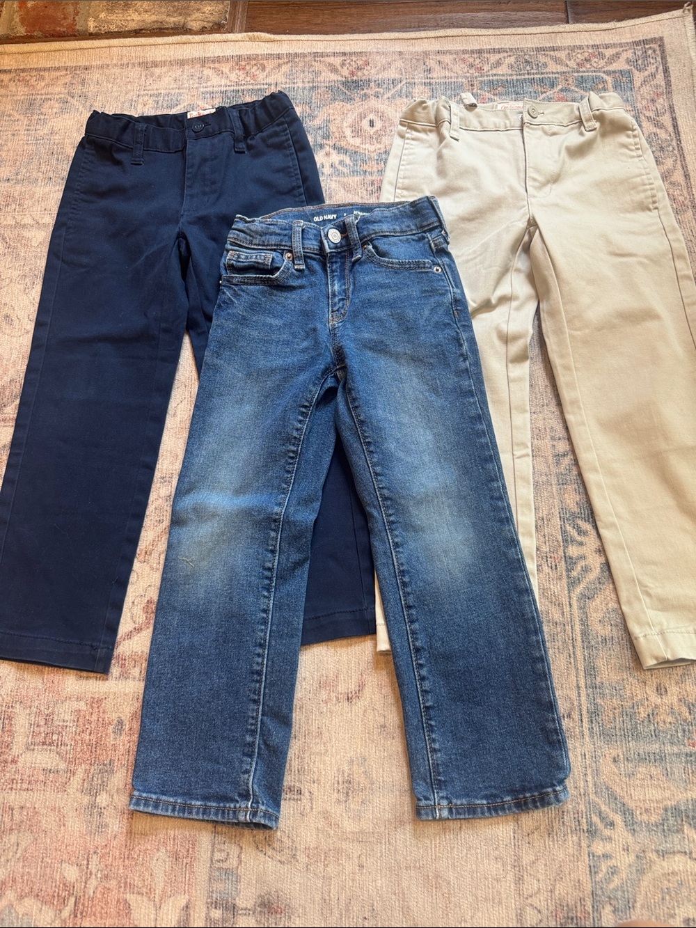 Cat & Jack/Old Navy Kids Trio: Blue Denim Jeans + Navy and Khaki Bottoms